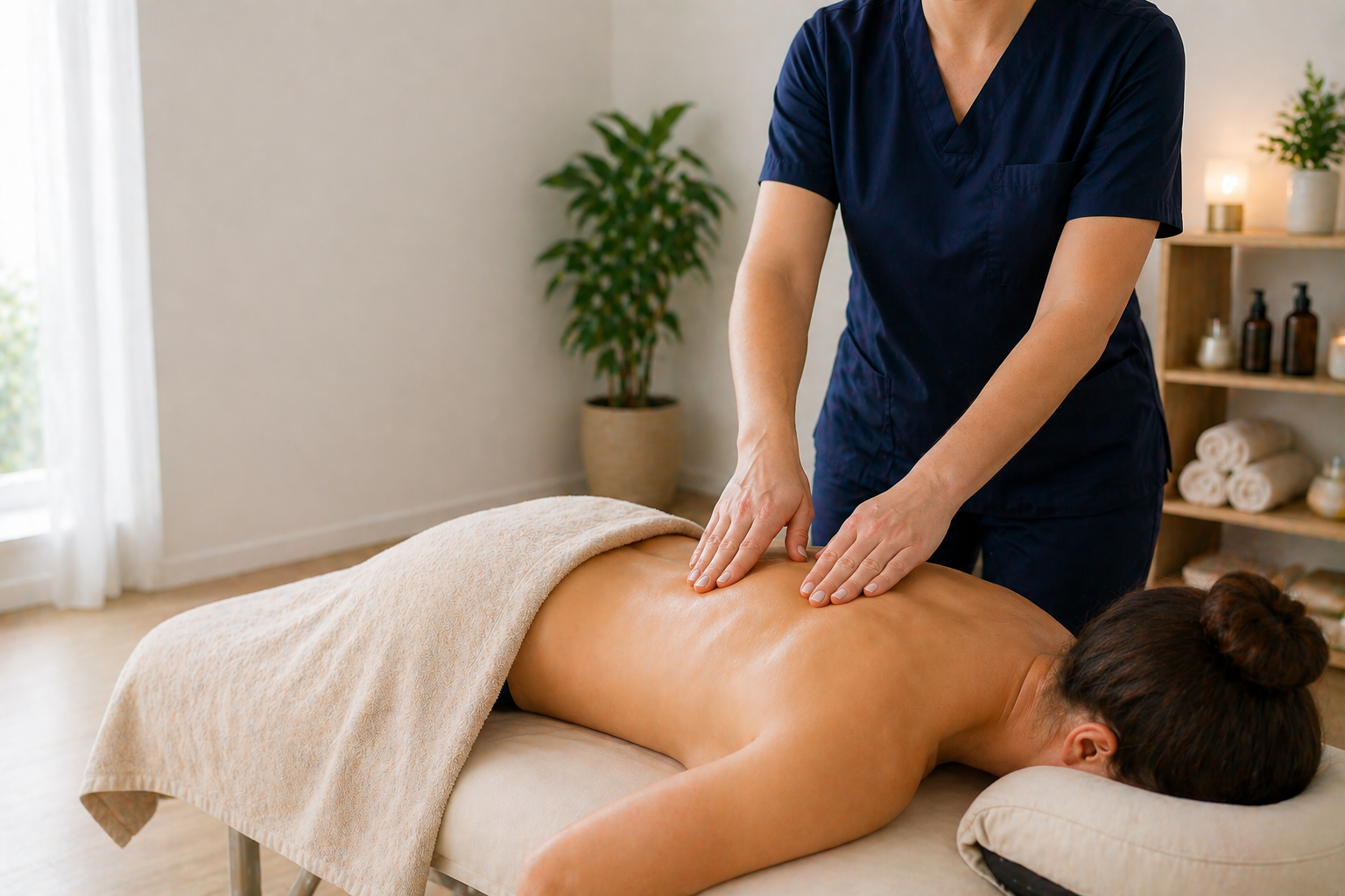 Terapeuta a realizar uma massagem terapêutica nas costas de um cliente.