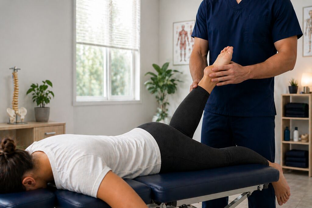 Osteopata a aplicar uma técnica manual na coluna de um paciente.