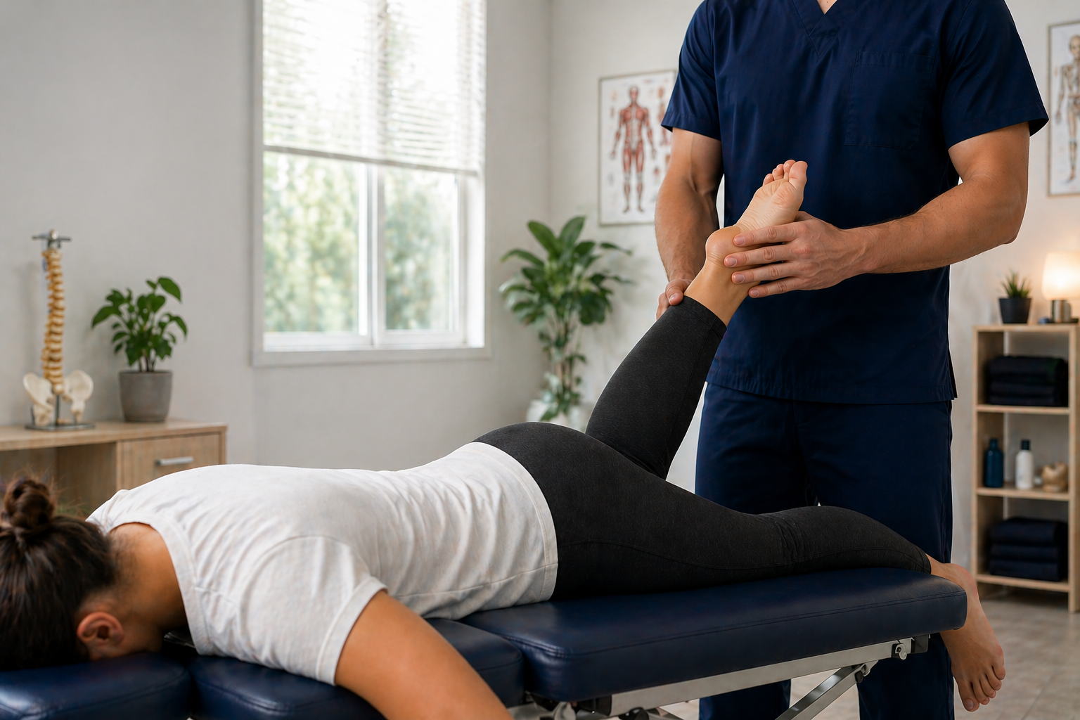 Osteopata a aplicar uma técnica manual na coluna de um paciente.