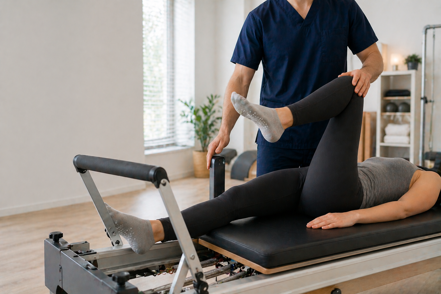 Aula de Pilates Clínico com aluna num reformer, acompanhada por instrutora.