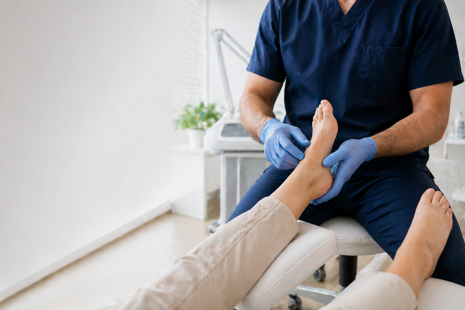 Podologista a examinar o pé de um paciente numa consulta.