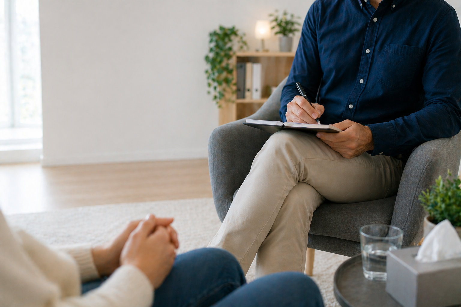 Psicoterapeuta em consulta com um paciente num ambiente acolhedor.